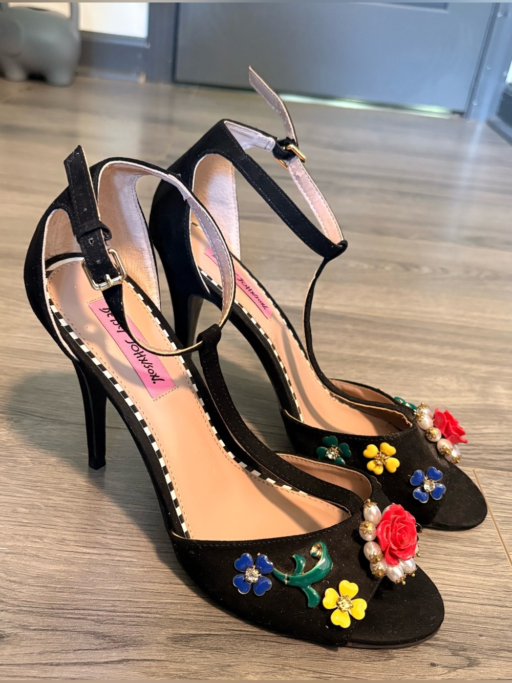 Betsey Johnson Lenox Black T-Strap Floral Embellished Heels